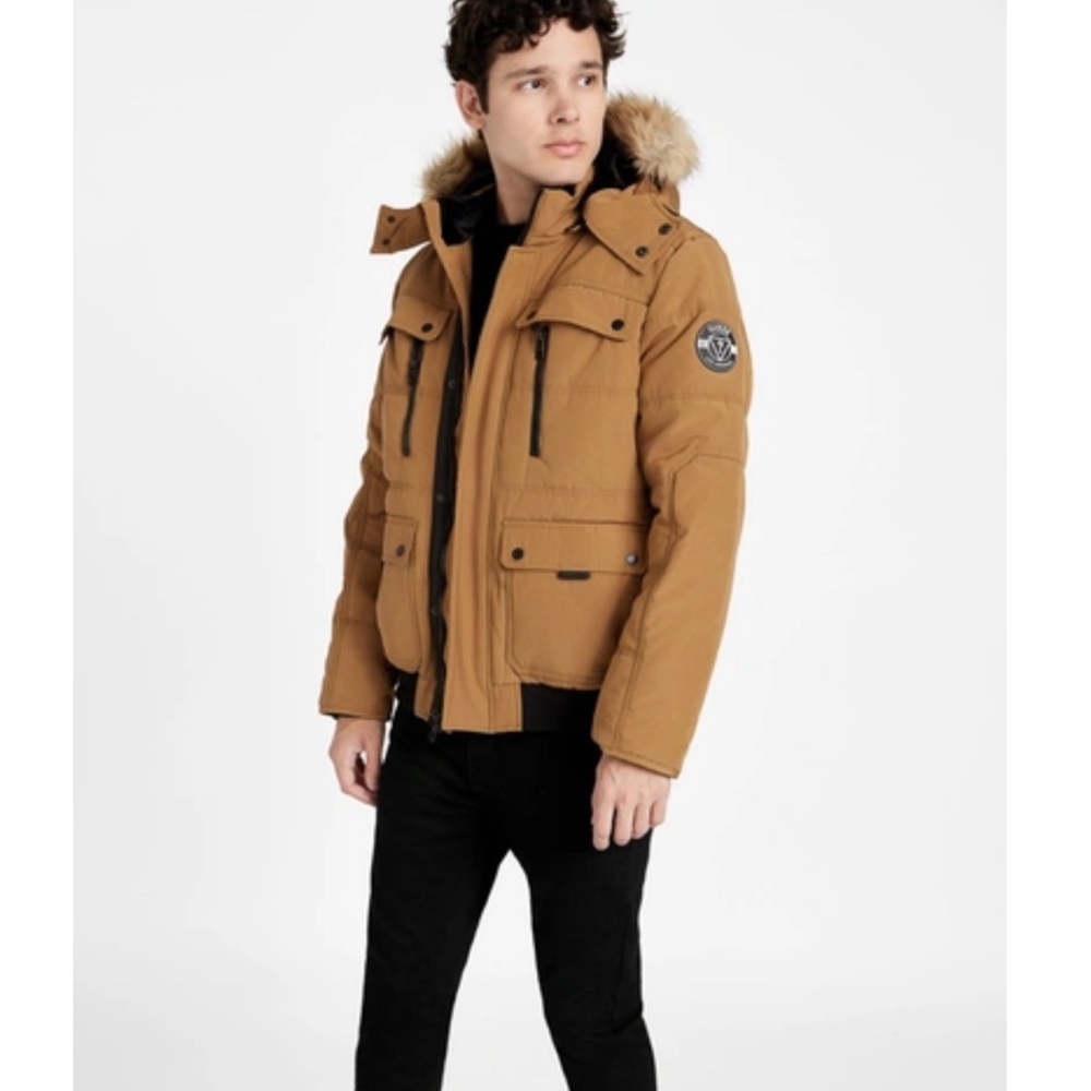 Guess Men's Tan Puffer Jacket with Fur Trim Hood
